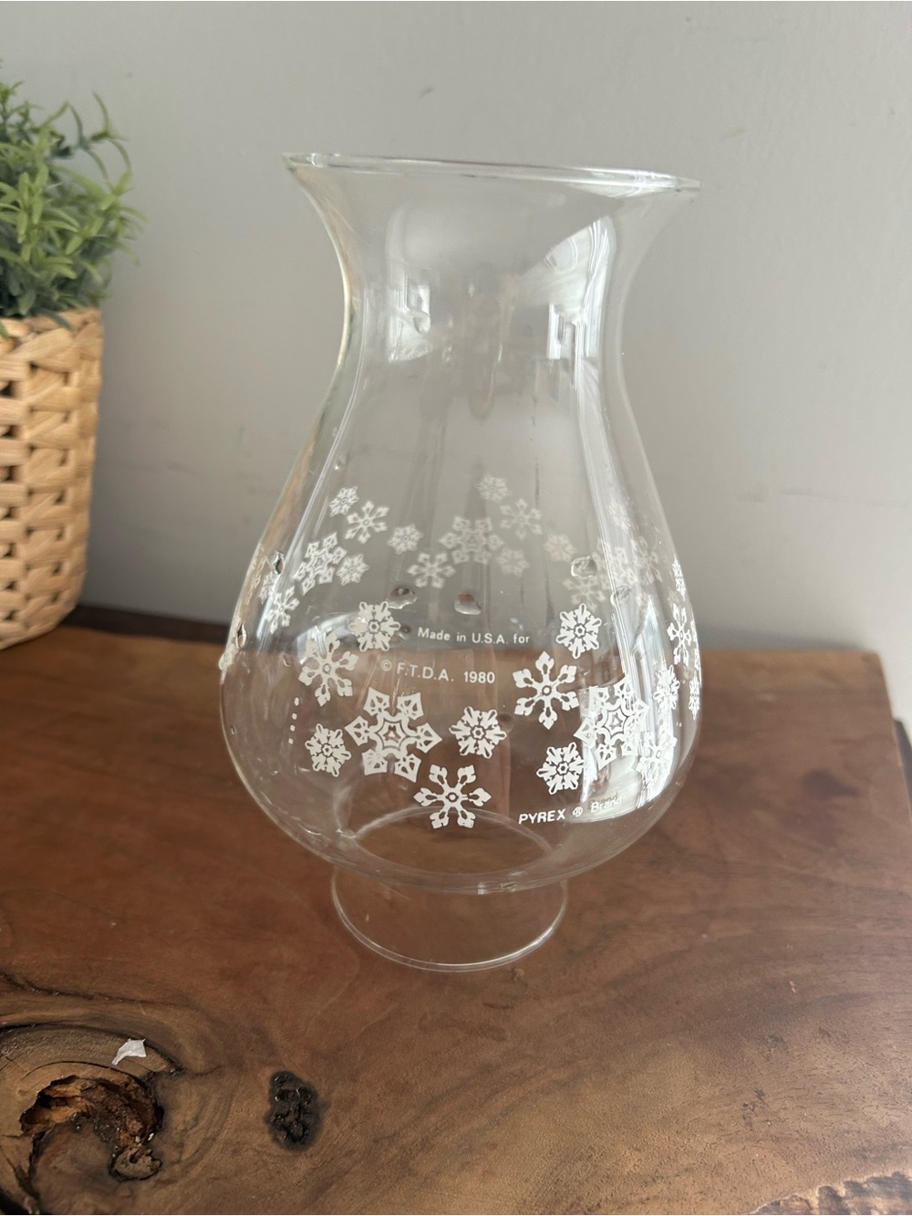 Pyrex Clear Glass Hurricane Shade with White Snowflake Pattern 7.5”H